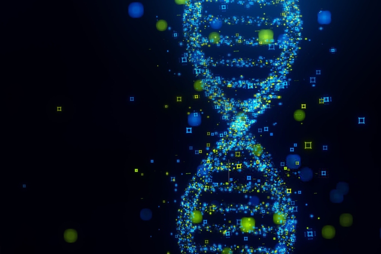 Digital generated image of DNA made out of blue and green data on black background. Nanotechnology concept.