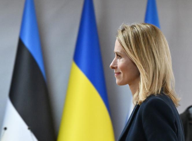 كاجا كالاس ، رئيس الوزراء الإستوني ، خلال مؤتمر صحفي مشترك مع الرئيس الأوكراني فولوديمير زيلينسكي ، في 24 أبريل 2023 ، في جيتومير (أوكرانيا). 