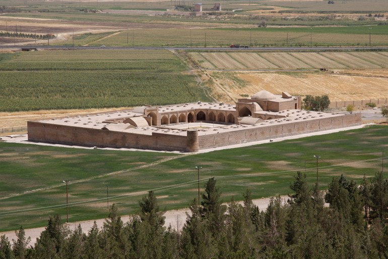View of an ancient Silk Road caravanserai in Bisotun, Iran