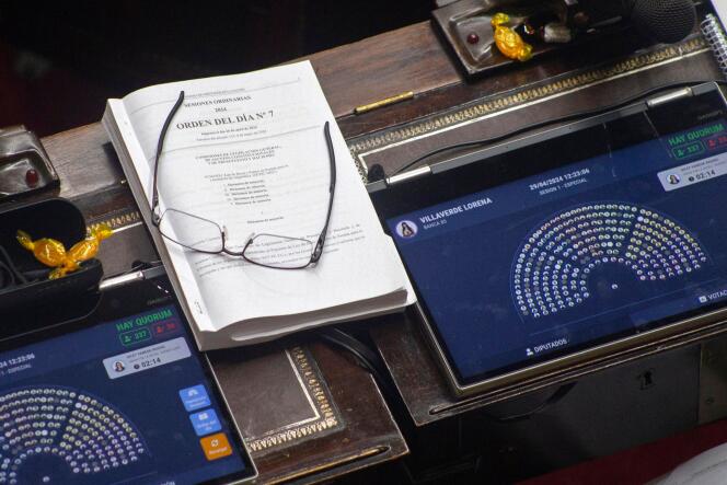 نسخة من المشروع الإصلاحي للرئيس خافيير مايلي خلال مناظرته بمجلس النواب بالمؤتمر الوطني في بوينس آيرس، 30 أبريل 2024. 